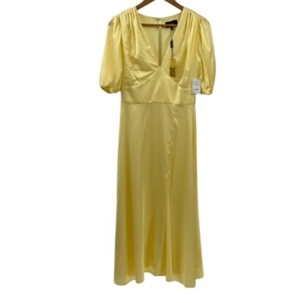 Alexia Admor Nola‎ Dress Women Size 4 Yellow Midi Puff Sleeves Satin New